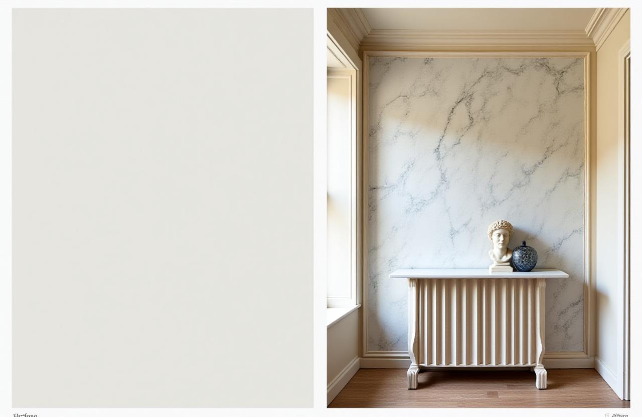 Side-by-side comparison of a plain room and a Neoclassical inspired living space