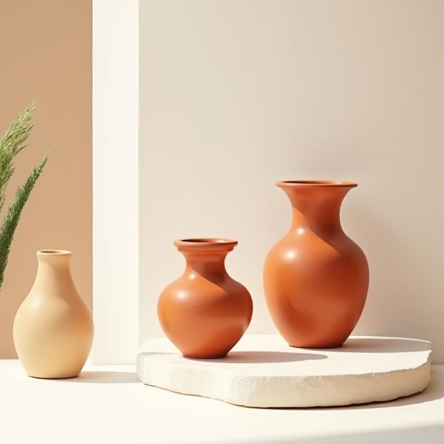 Terracotta vases and white linen in a bright room