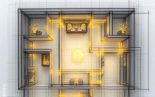 Overhead view of a studio apartment with geometric flow lines