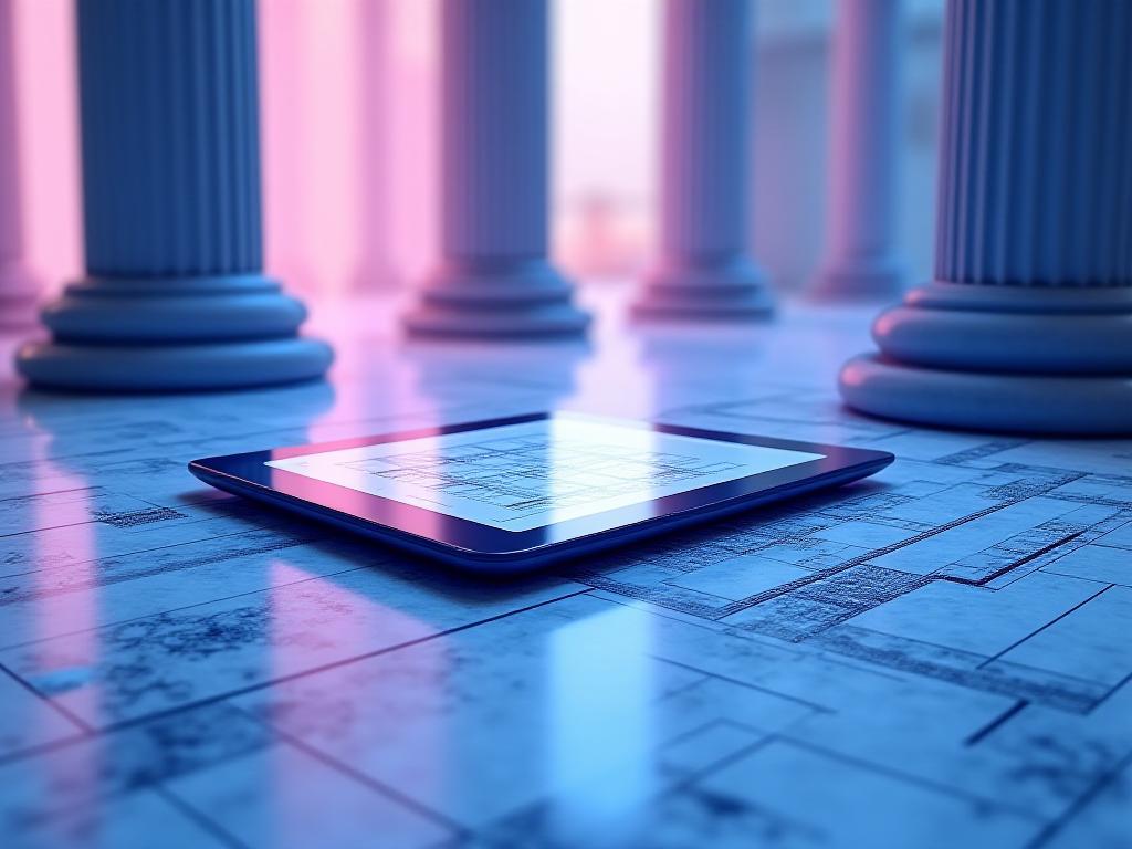 Ancient architectural elements merged with modern drafting tools