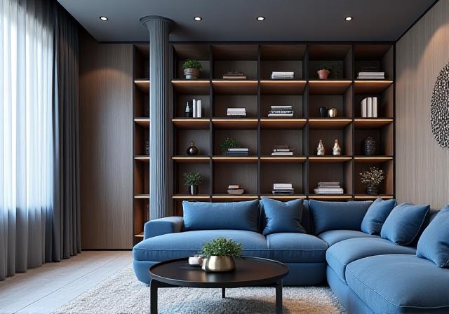 3D wireframe render of a modern apartment with classical pillars