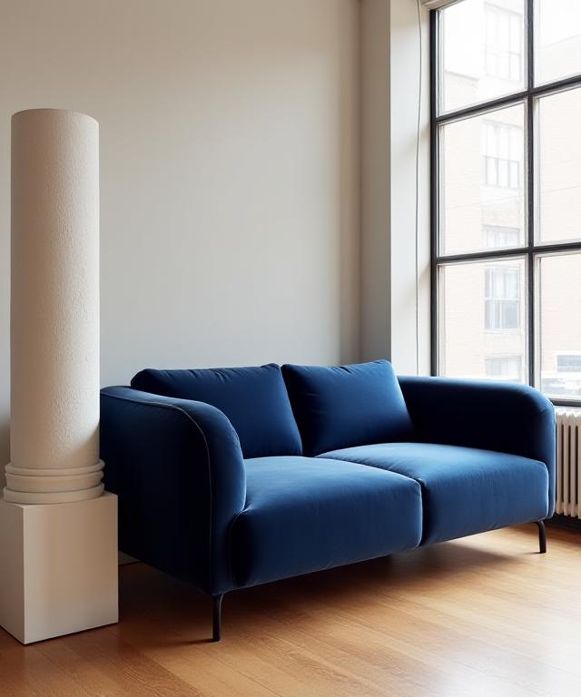 Minimalist Doric column beside a contemporary velvet sofa in a Brooklyn loft