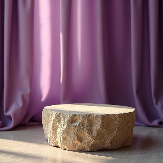 Raw stone textures paired with luxurious silk drapes